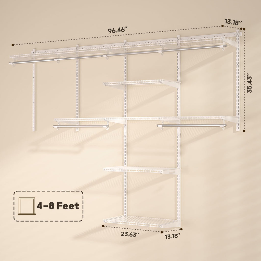 Quality Closet Organizer System: 4-8 Ft Adjustable Metal Wire Shelves