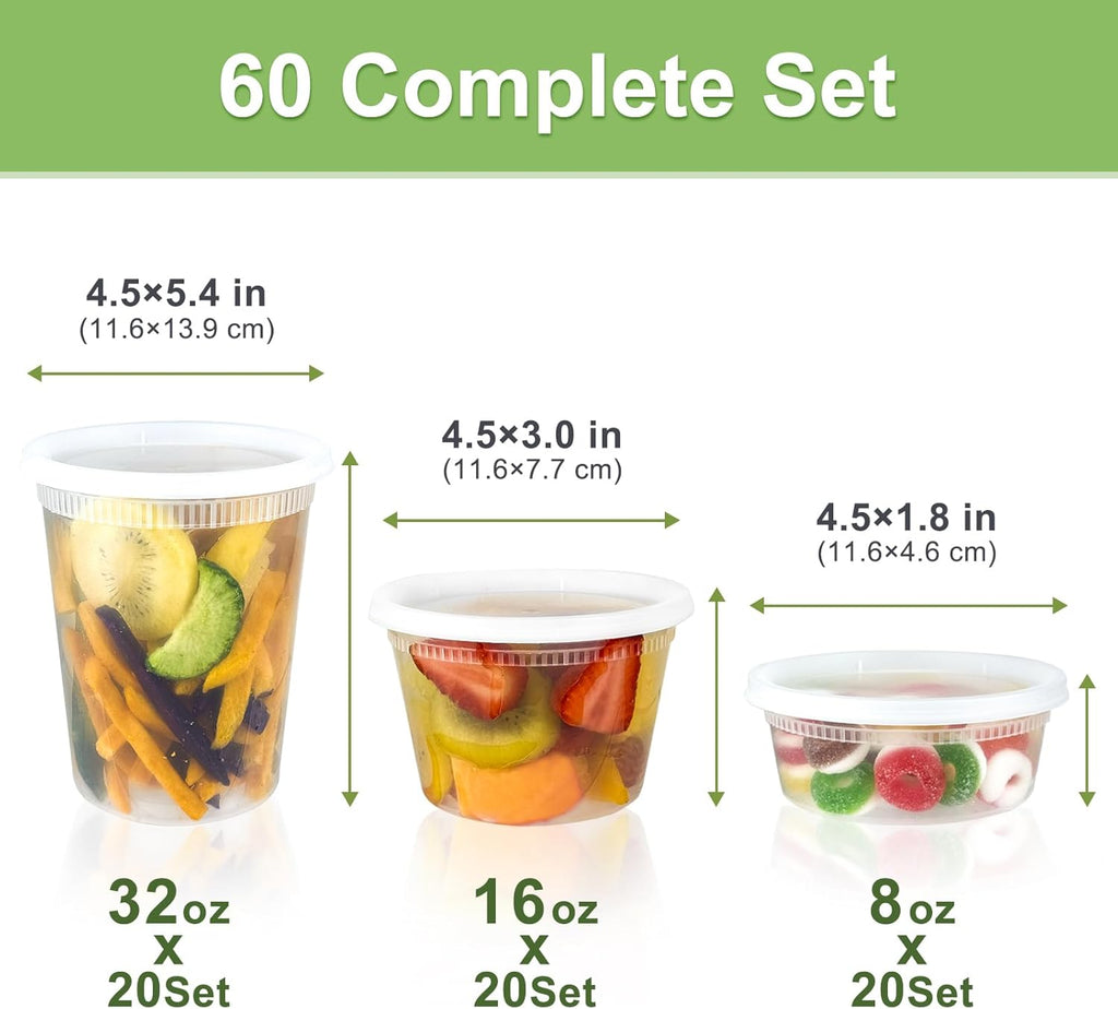 60 Sets (120-Piece) Deli Containers with Lids, 32/16/8 oz X 20 Set Each, Leak-Proof & BPA Free Airtight Takeout