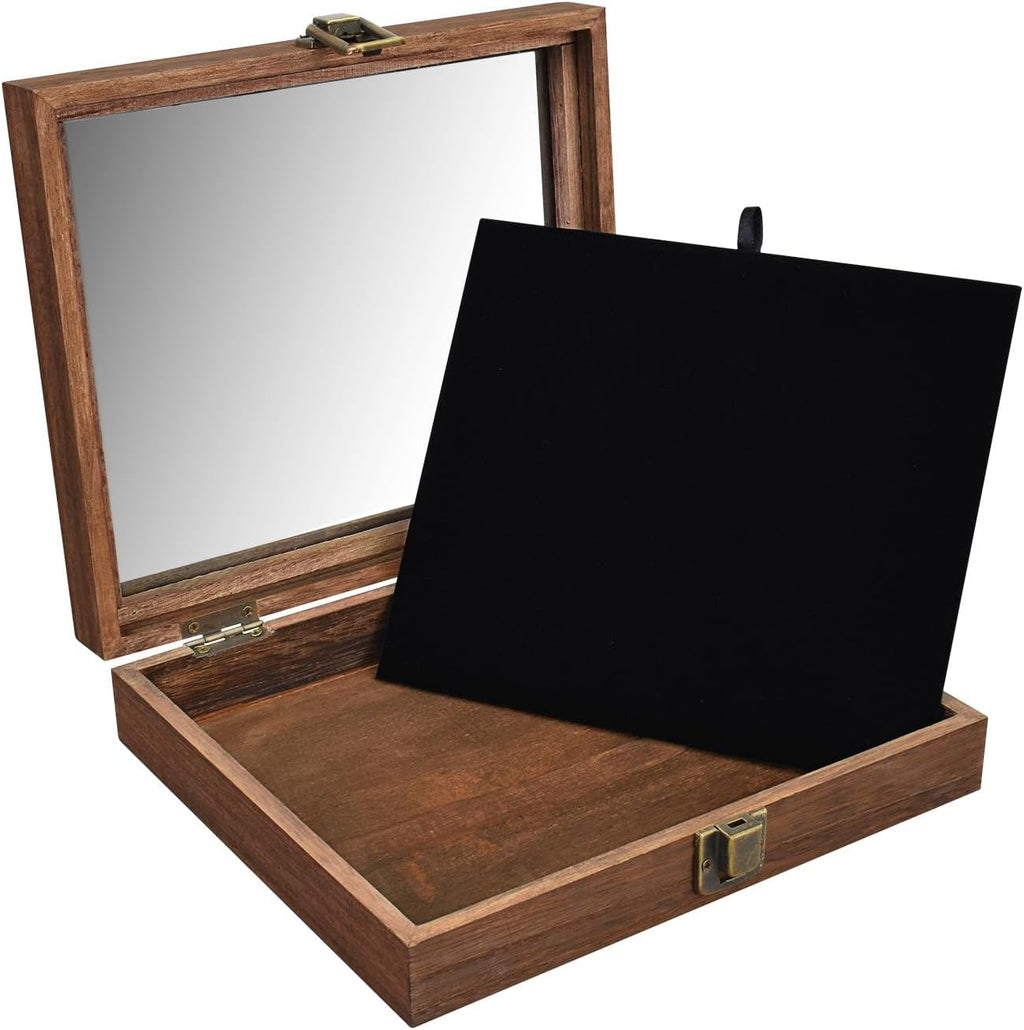 Tempered-Glass Top Small Wooden Jewelry Display Case with Removable Black Luxurious Velvet Jewelry Display Pad