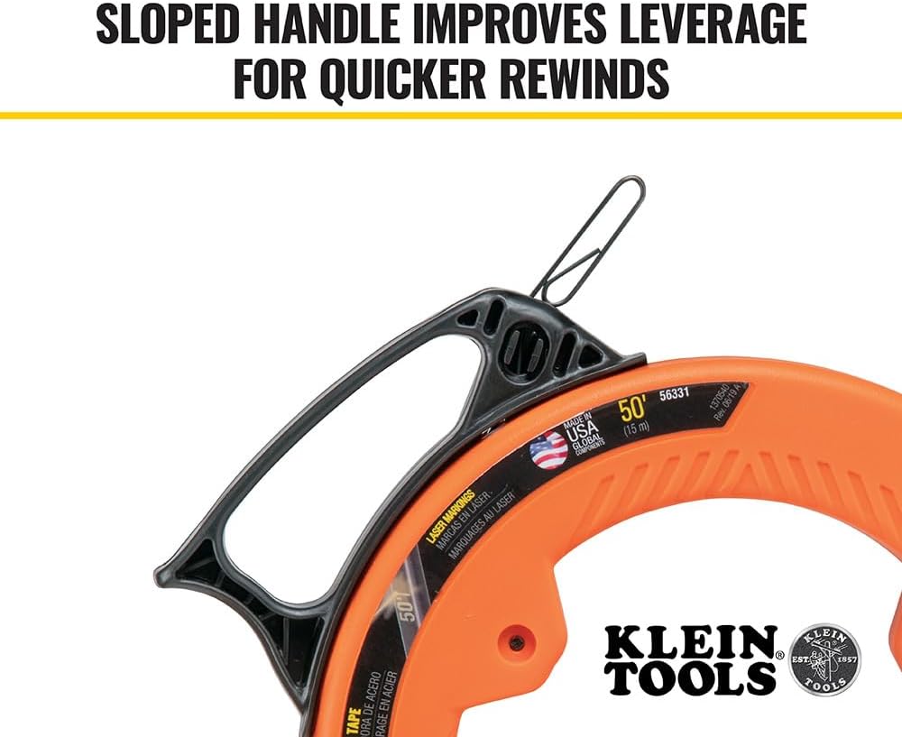 56331 50-Foot Electrical Fish Tape, Steel Wire Puller with Double Loop Tip, Optimized Housing and Handle, 1/8-Inch
