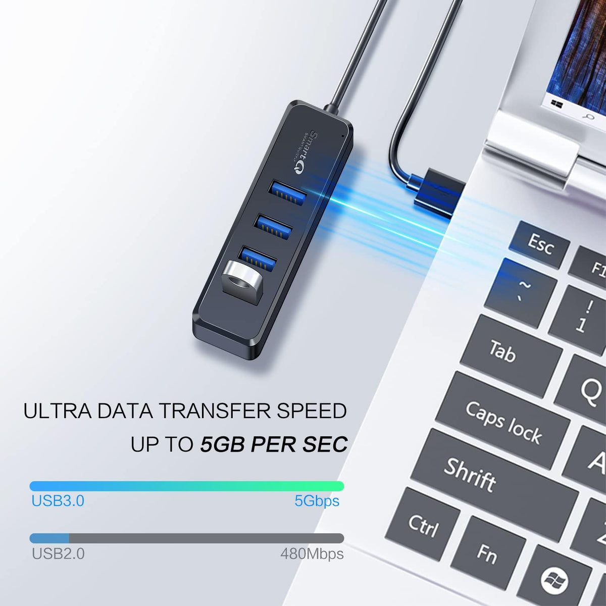 H302S USB 3.0 Hub, 4-Port USB Expander with 2ft Long Cable, High-Speed Data Transfer, Compatible with Laptop, PC