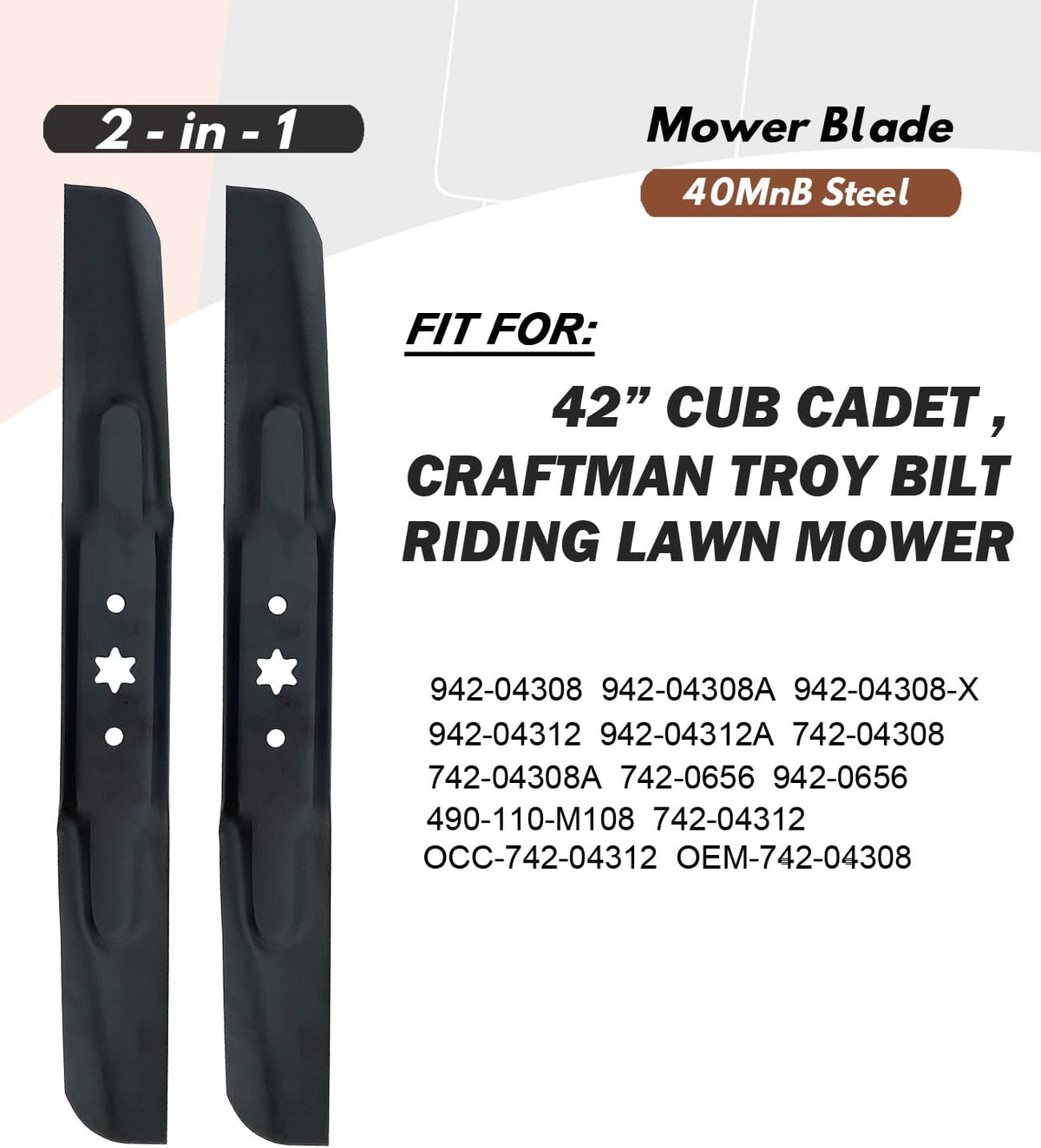 942-04308 942-04308A Mower Blades -2 Blades- High Lift fits for Troy BIlt Bronco Mustang Cub Cade RZT MTD Craftsman with 42" Cutting Deck Replaces 742-04308 742-04312
