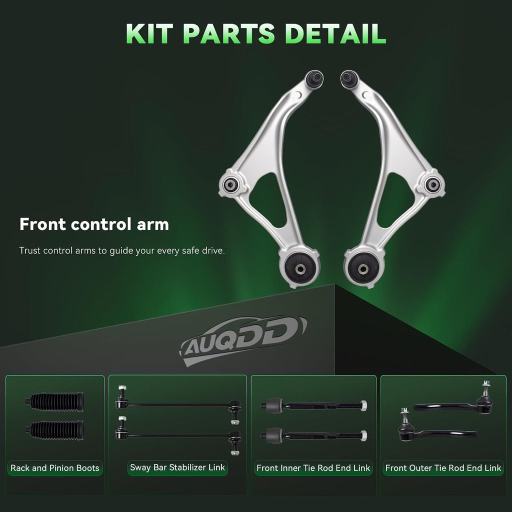 AUQDD 10Pc Front End Kit Fit For 2013-2018 Ni-ssan Altima, 2016-2023 Maxima, 2 Lower Control Arm w/Ball Joint 2 Sway Bar Link 4 Outer & Inner Tie Rod End 2 Boots (# K622838 K750282 EV801066 ES801196)