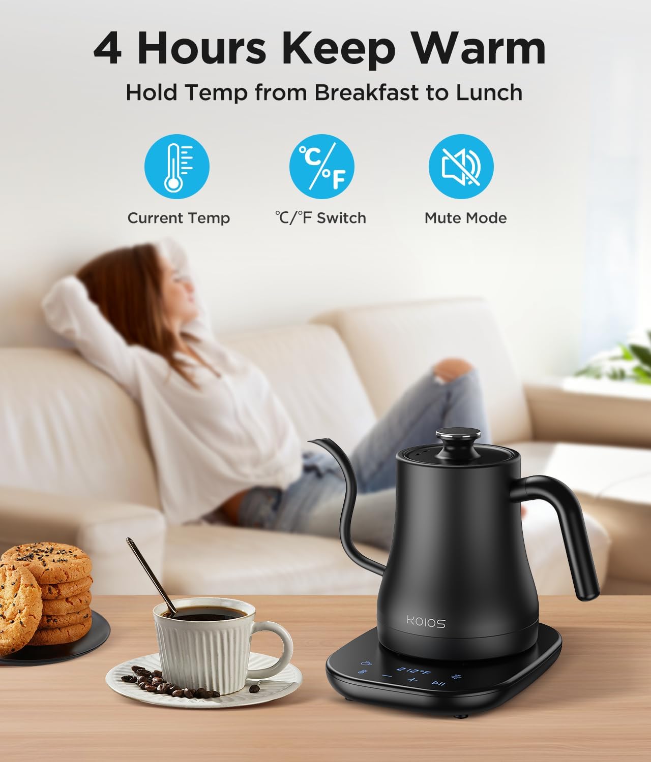 Gooseneck Electric Kettle, ±1℉ Temp Control, Mute Mode, 4H Keep Warm | 0.8L Pour Over Kettle, 1200W Fast Heating