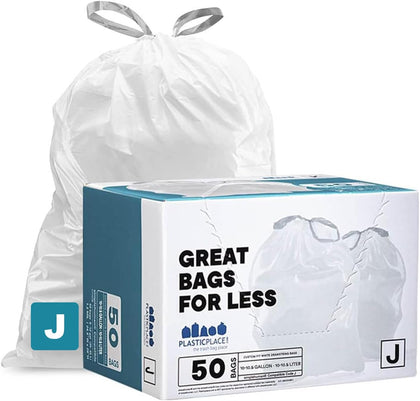 Custom Fit Trash Bags Compatible with Simplehuman Code J 50 Count White Drawstring Garbage Liners 10-10.5 Gallon
