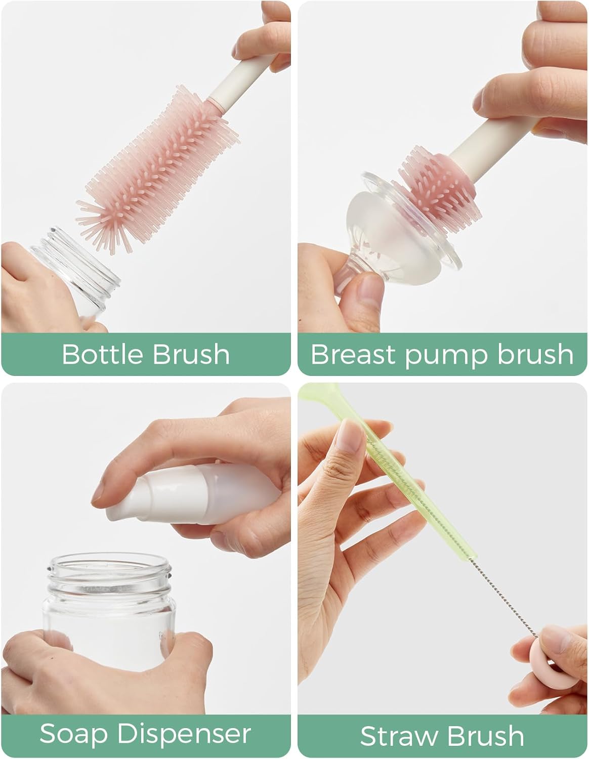 7-in-1 Baby Bottle Cleaner Kit with Silicone, Nipple & Straw Brushes, Soap Dispenser and Drying Rack - Portable
