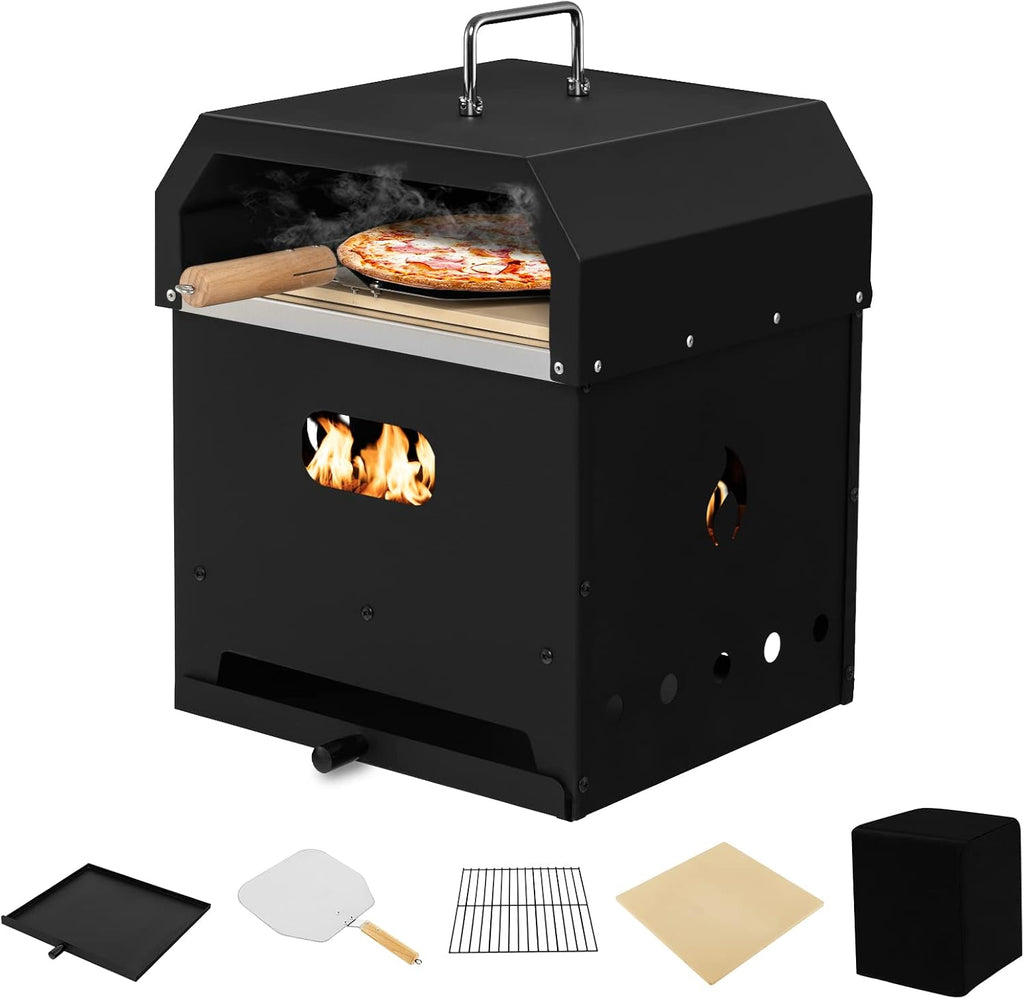 Pizza Oven Outdoor, 4-in-1 Wood Fired Pizza Oven and Grill Combo W/ 12" Pizza Stone, Pizza Peel, Water-Proof Cover &
