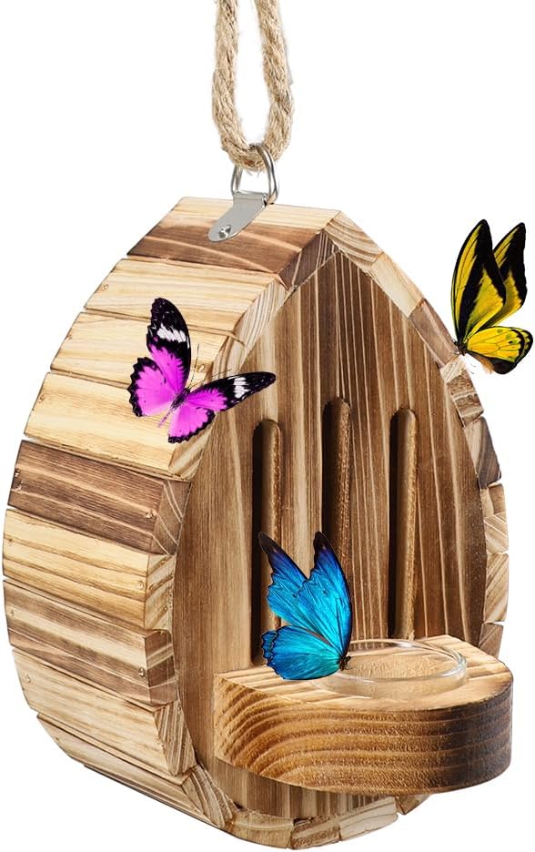 Butterfly House Wooden Habitat Natural Nesting Box Garden House with Feeder Hanging for Bee Butterfly Ladybirds for