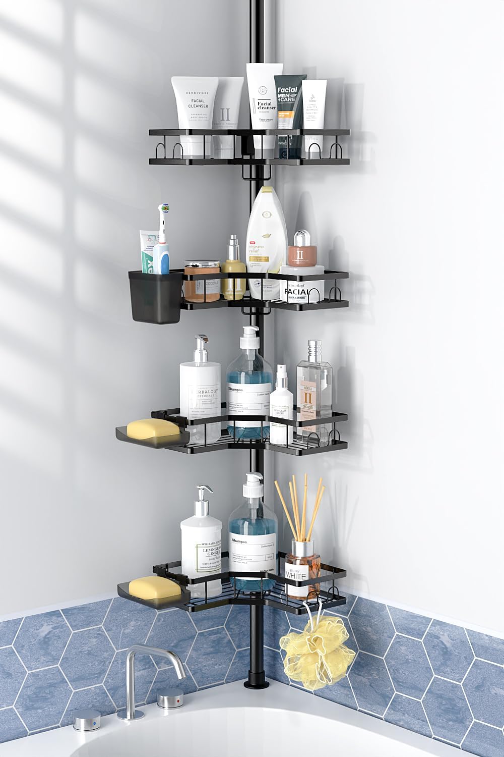 Adjustable Shower Caddy Tension Pole: Rustproof Corner Bathroom Shelves | 4-Tier 31-124" No Drill Standing Organizer