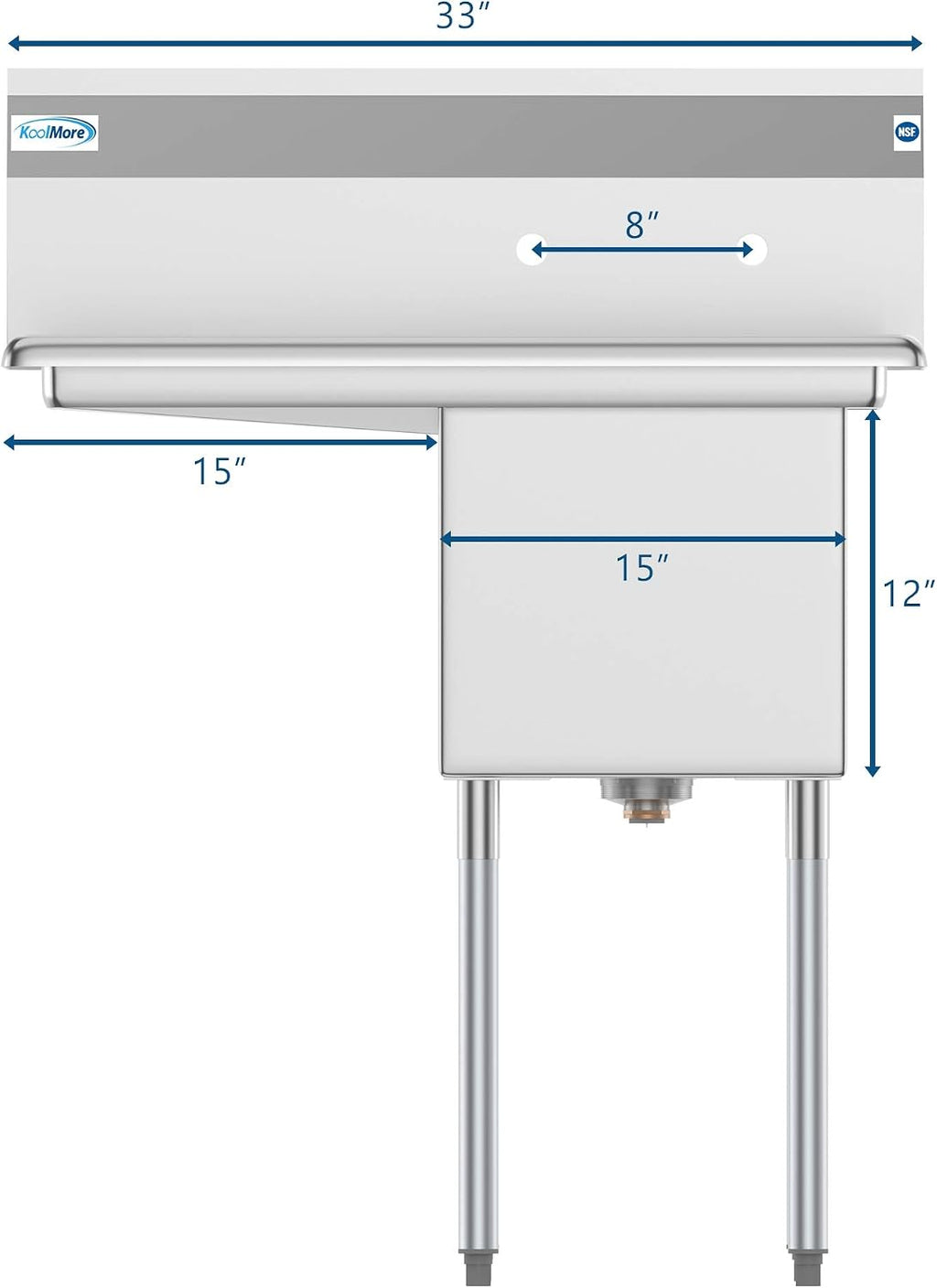 1 Compartment Stainless Steel NSF Commercial Kitchen Prep & Utility Sink with Drainboard - Bowl Size 15" x 15" x 12"