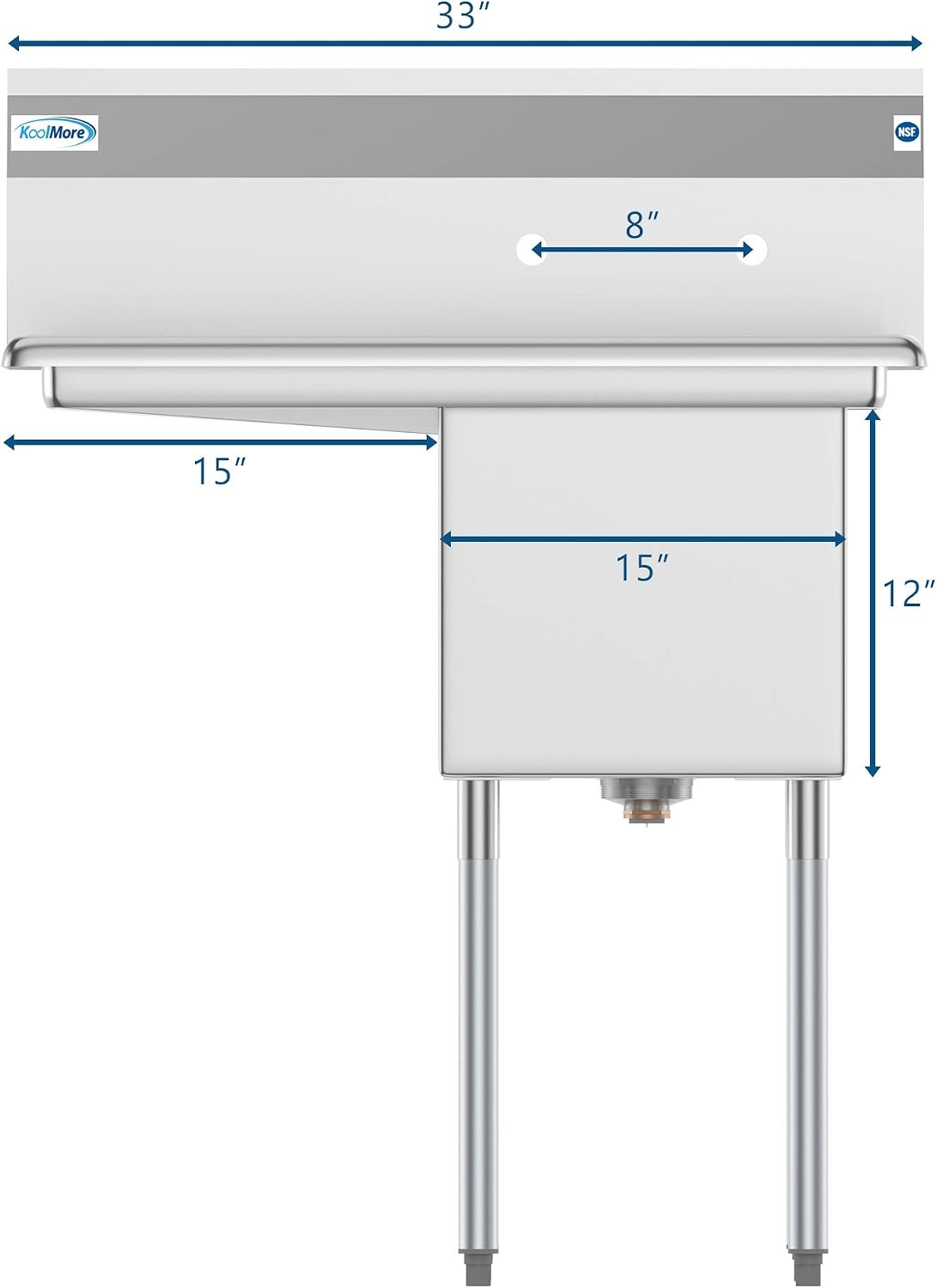 1 Compartment Stainless Steel NSF Commercial Kitchen Prep & Utility Sink with Drainboard - Bowl Size 15" x 15" x 12"