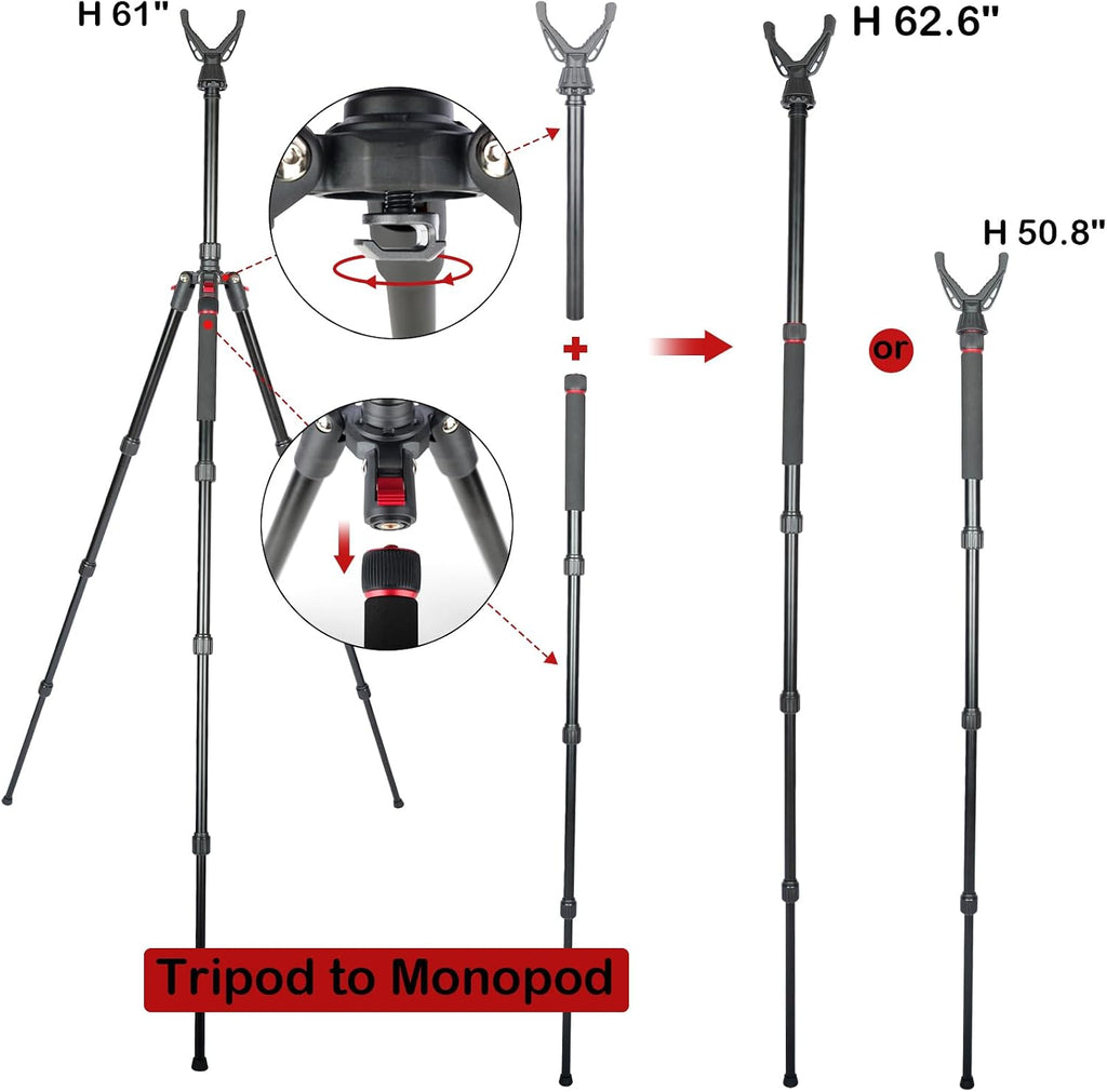 Adjustable Shooting Tripod for Rifles,Shooting Stick 3-in-1 Convertible Tripod/Monopod/Bipod, 22.8″-61″ Height