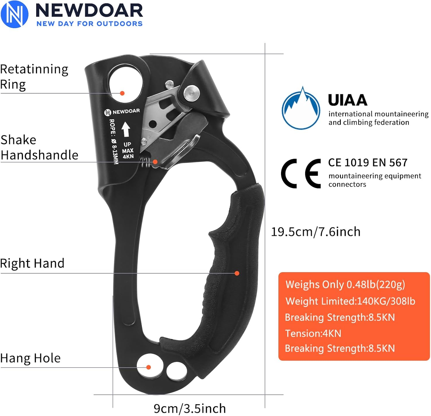 UIAA & CE Certified Hand Ascender Rock Climbing Tree Arborist Rappelling Gear Equipment Rope Clamp for 8~13MM Rope