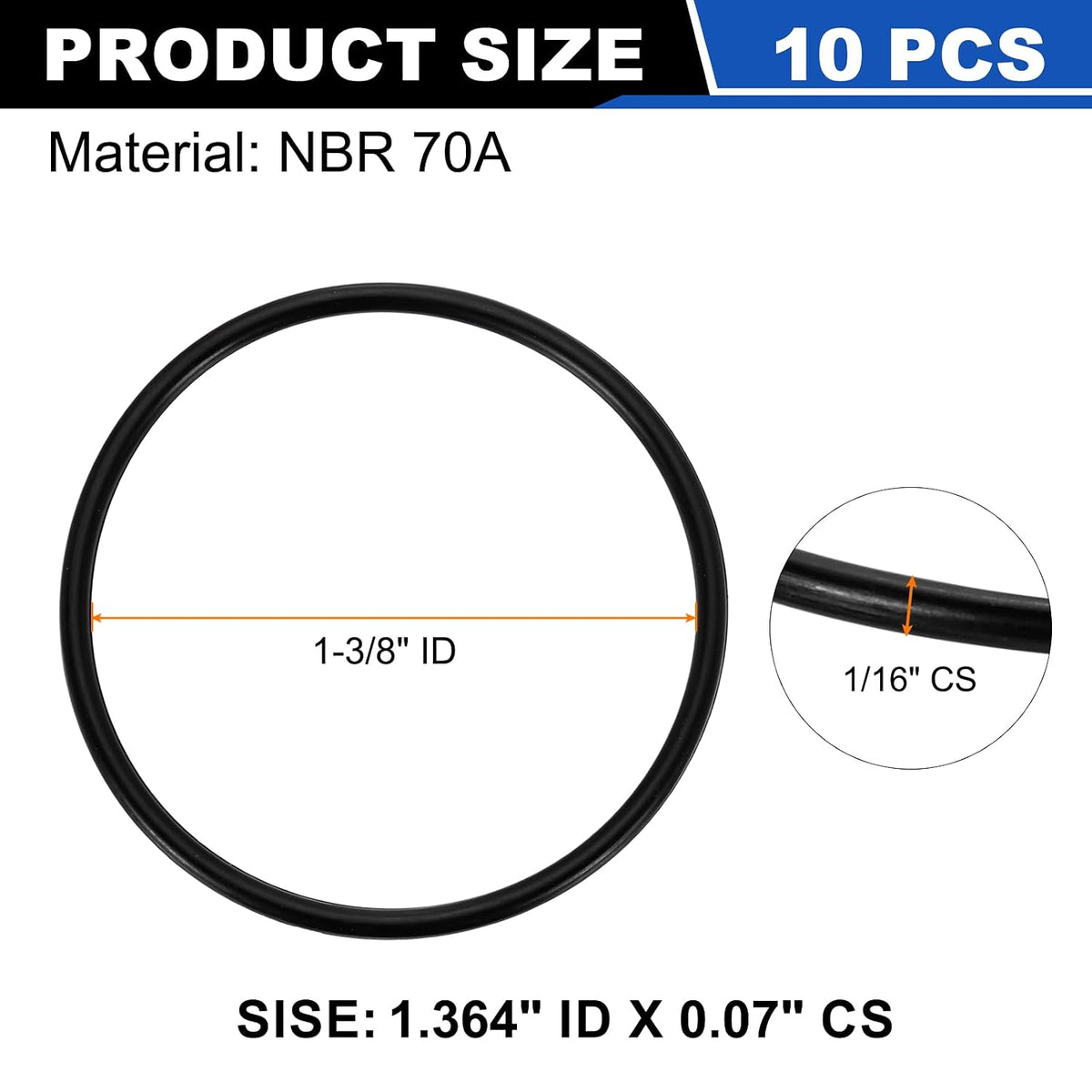uxcell 10Pcs AS-028 NBR 70A O-Rings 1-3/8"ID x 1/16"CS/1.364"ID x 0.07"CS