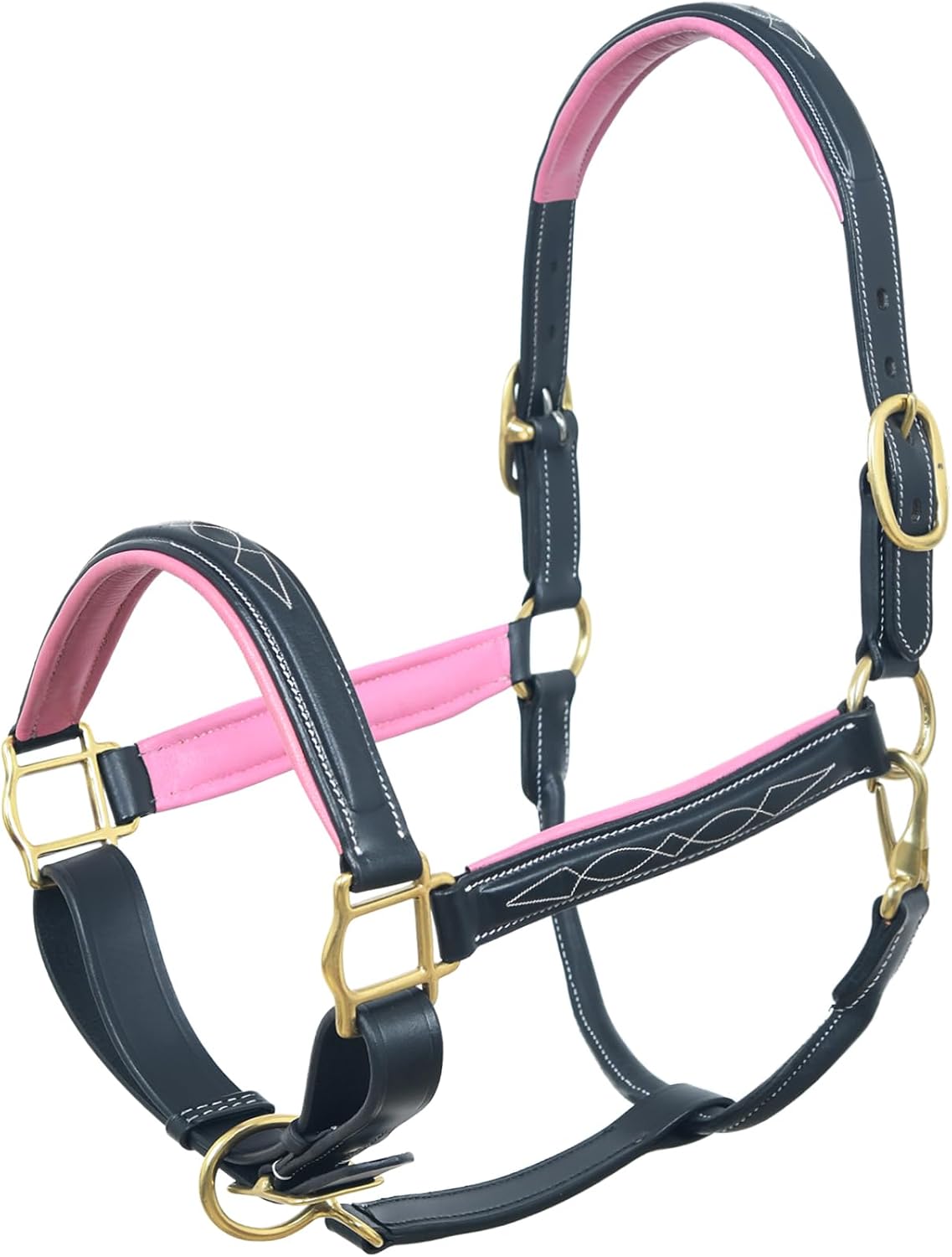 SIE Padded Leather Horse Halter with Brass Hardware and Raised Fancy Stitching (Black with Pink Padding, Cob)