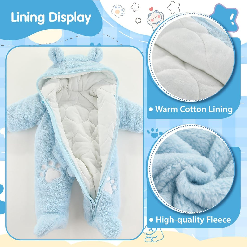 Newborn Baby Snowsuit Bear Outfit Footie Romper Winter Thick Fleece Jumpsuit Infant Coat for Girls Boys 0-12M
