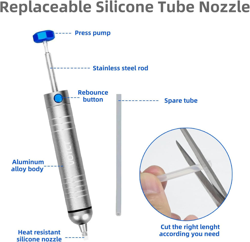 Solder Sucker No Clog Desoldering Pump for Solder Removing with Replaceable Heat Resistan Silicone Sucking Nozzle, Desoldering Tool Sodering Pump Strong Vacuum Aluminum Suction Remover