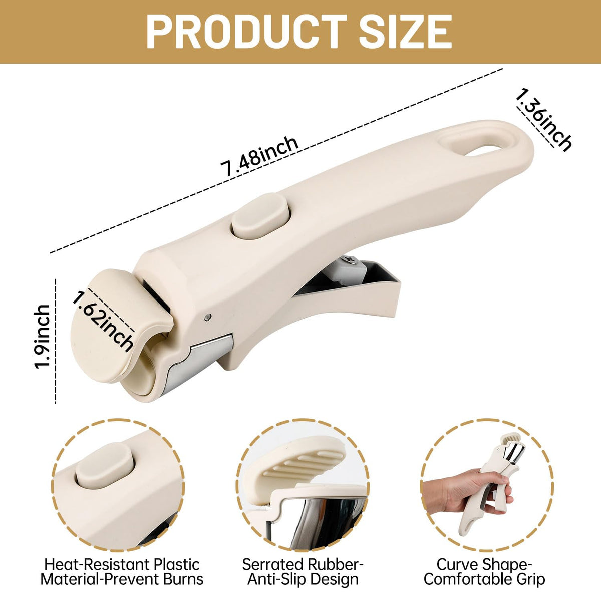 Pinsit 1Pack Removable Handle, Pot Handles, Carote Handle Replacement, Universal Detachable Cookware Handles Replacement, Cream