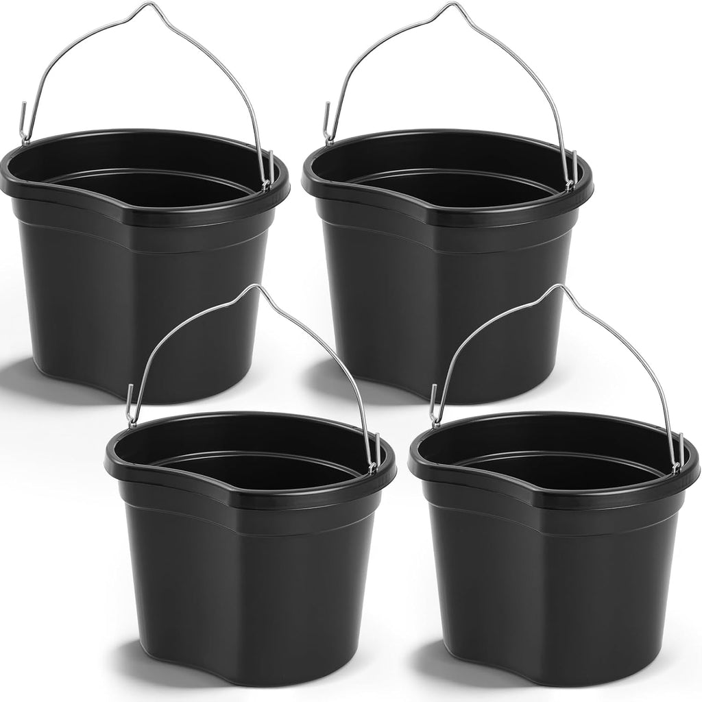 4 Pcs Horse Feeder Bucket with Hook, 8.5 Quart Plastic, Black