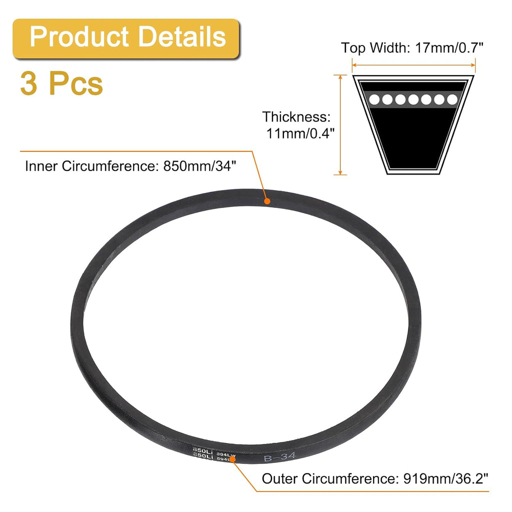 uxcell 3 Pack B34 Classic Wrapped V-Belt, 36" Outside Circumference, Black Rubber Industrial V-Belt
