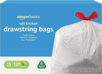 13 Gallon Tall Kitchen Drawstring Trash Bags, Flextra Strength, Clean Fresh Scent, Tear Resistant, 0.9 mil Thickness