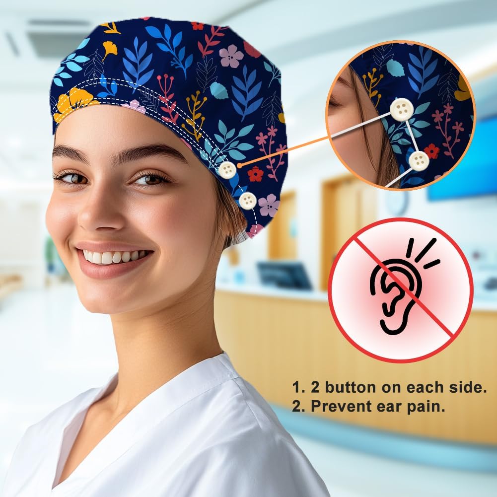 Bouffant Scrub Caps Cotton Nurse Scrub Hats with Button Sweatband Adjustable Surgical Caps for Unisex Cooking