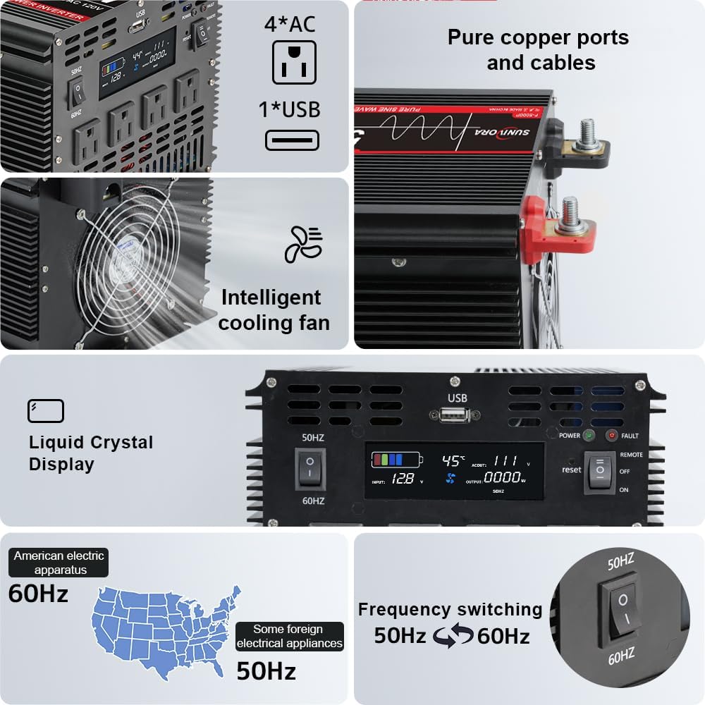 5000 Watt Pure Sine Wave Power Inverter, 12V DC to 110V/120V AC Converter 10000W Peak, with Remote Control LCD, 4 AC