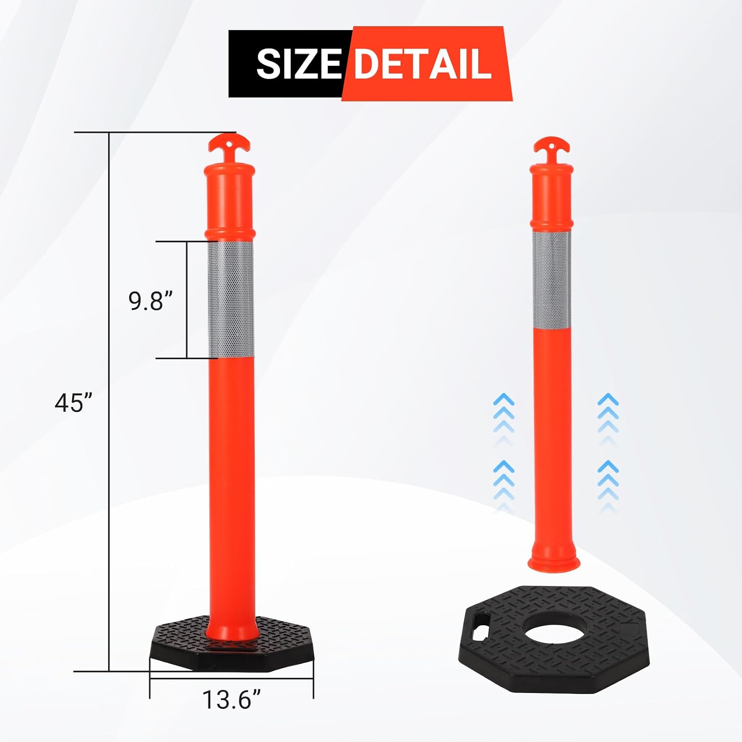 Delineator Post with Base 6 Pack, Towallmark 45 Inch Portable Orange Traffic Delineator Posts Cones with Reflective