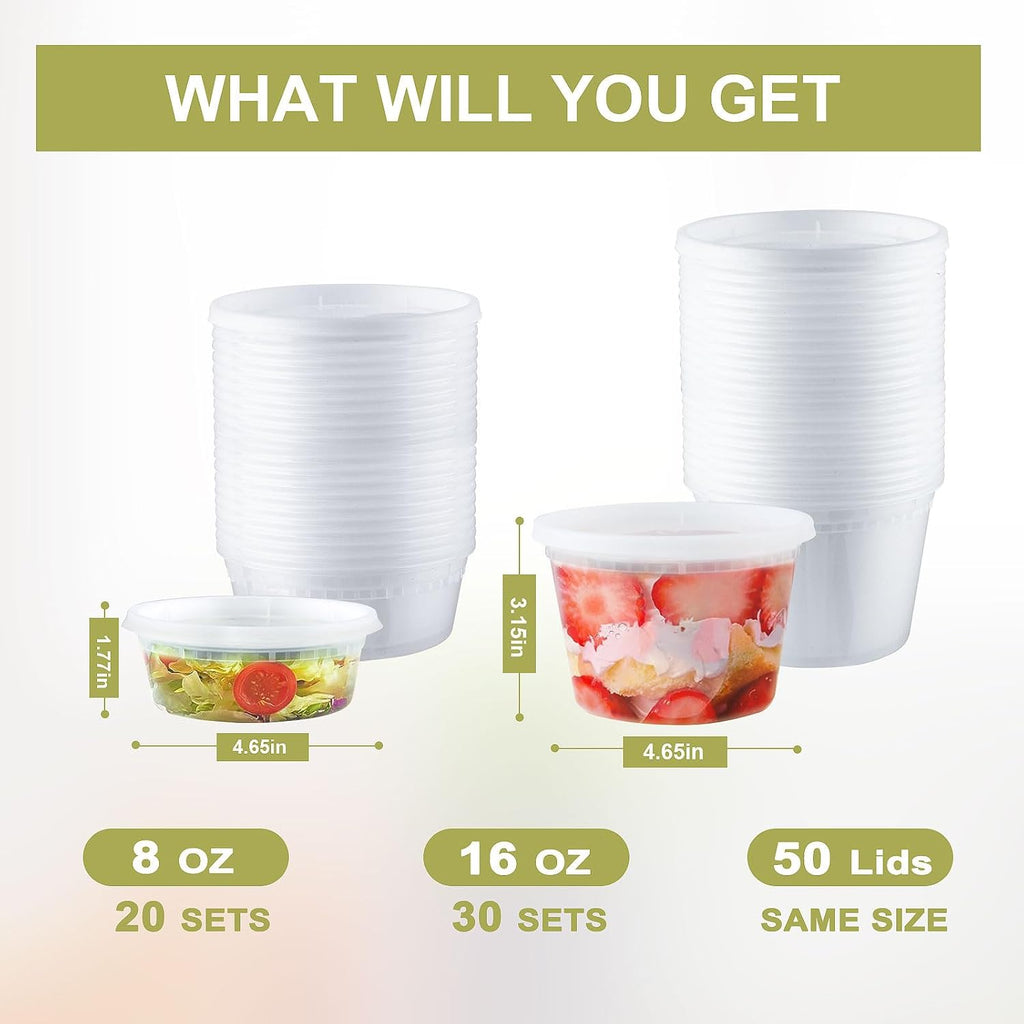 50 Sets Plastic Deli Containers with lids - 16oz 8oz Pint Container