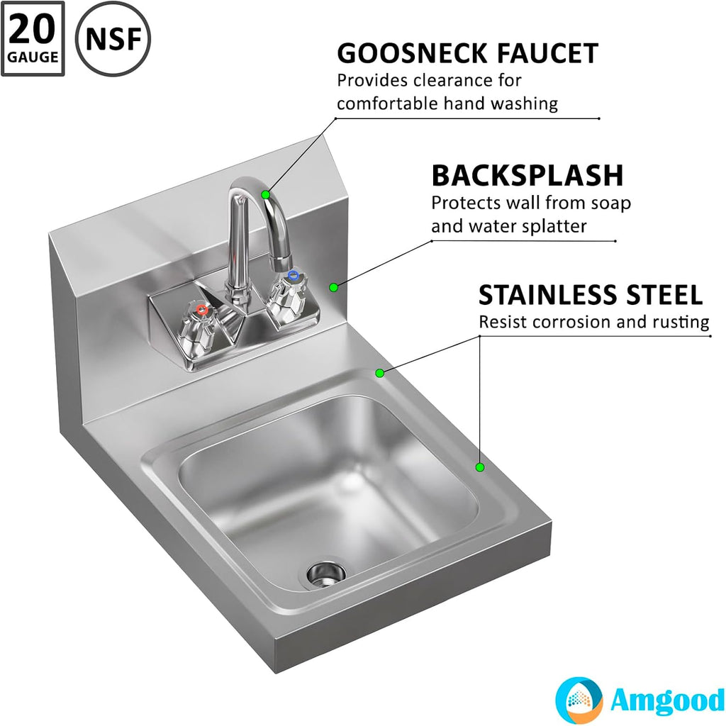 Stainless Steel Wall Mount Hand Sink | NSF | Commercial Hand Washing Basin For Restaurant, Kitchen and Home (12" x 16")