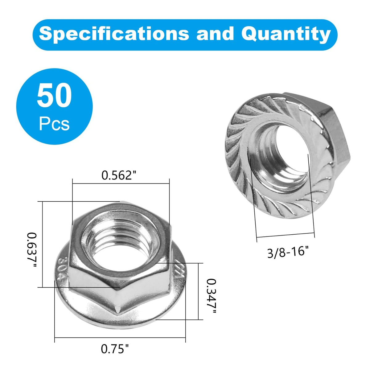 Yinpecly 3/8-16 Serrated Flange Hex Nuts,3/8" Hexagon Flange Nuts