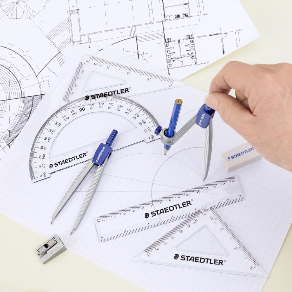 School Kit Math Geometry Set - 10-Piece Compass, Protractor & Ruler Kit with Flip Open Storage Box - Clear Measuring