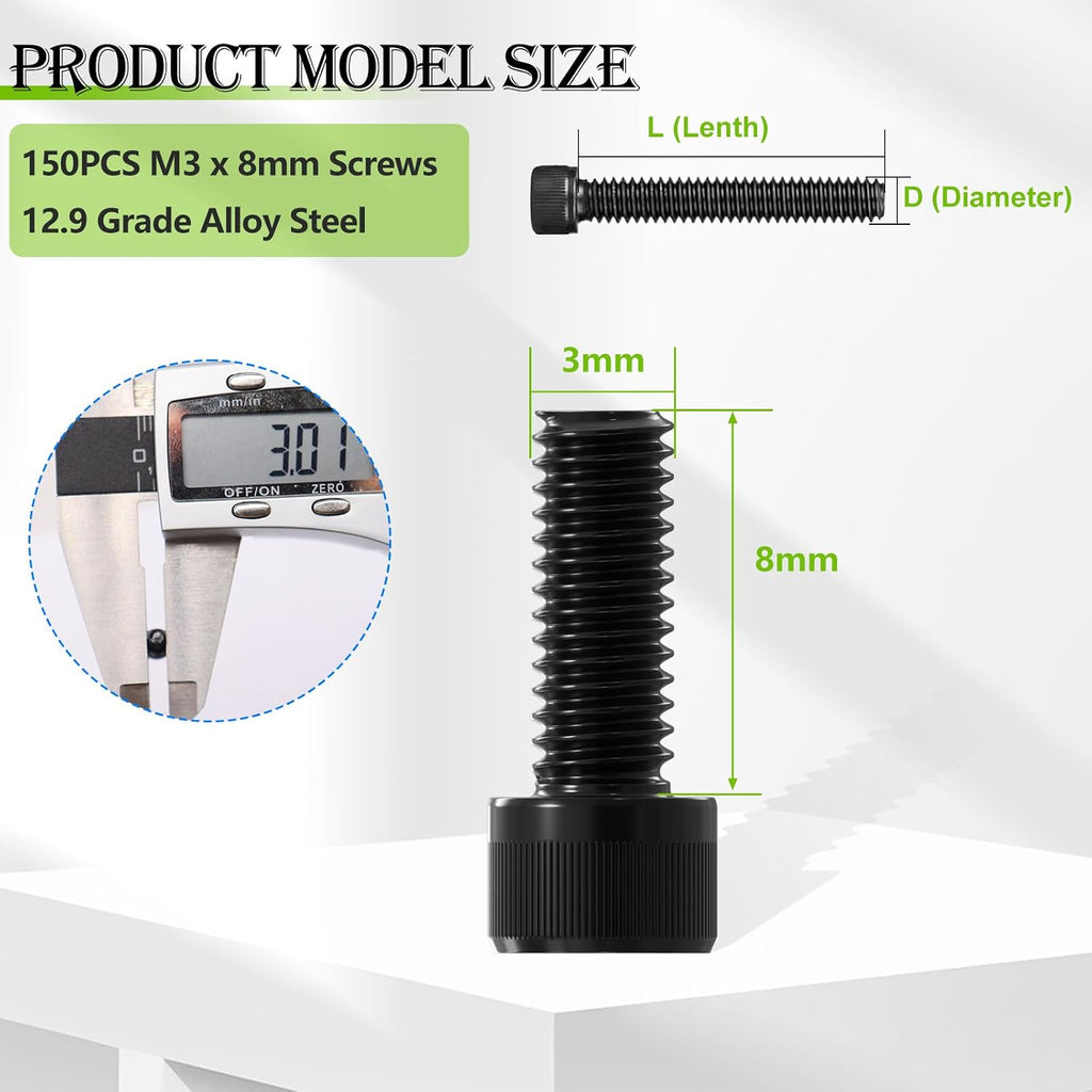 mxuteuk M3 x 8mm Screws,12.9 Grade Alloy Steel,Hex Socket Head Cap Screws Suitable for 3D Printer(150PCS)