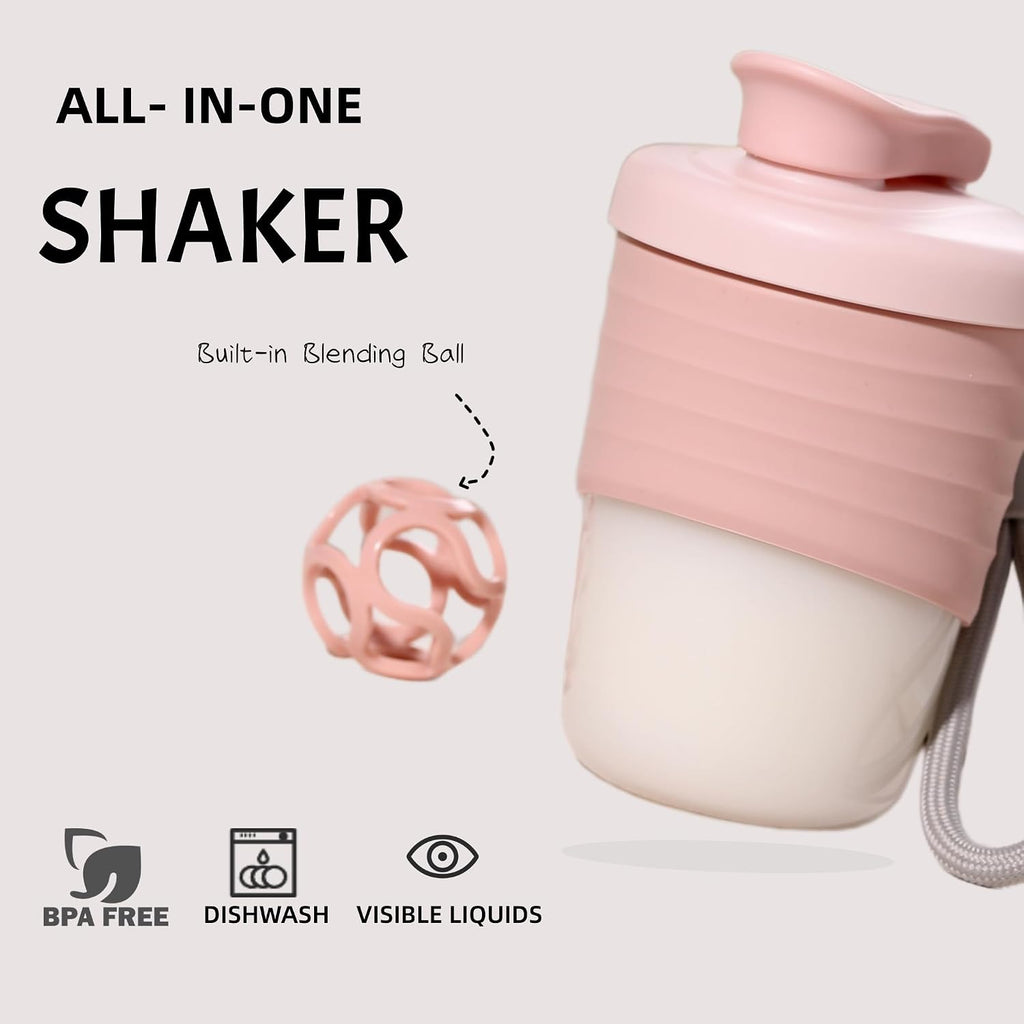 Protein Shaker Bottle, Pink, 14 oz Leak-Proof with Non-Slip Silicone Grip, Mixing Ball, Detachable Nylon Strap