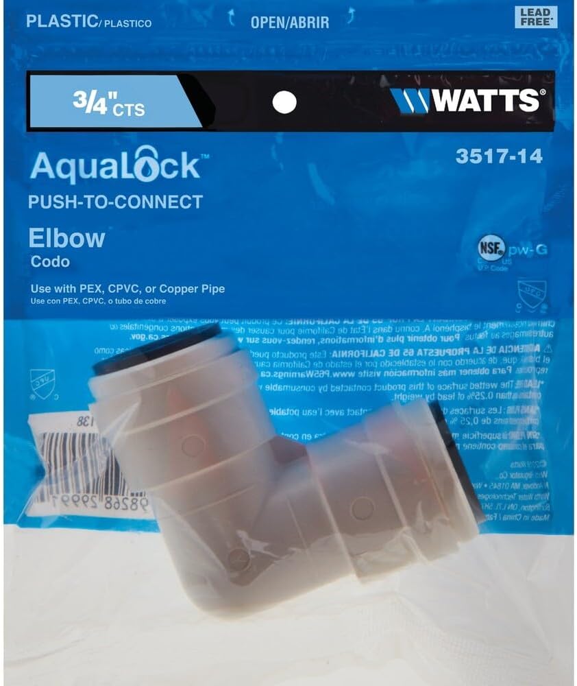 Watts AquaLock Push-Connect Union Elbow Fitting, 3/4" x 3/4" CTS, White