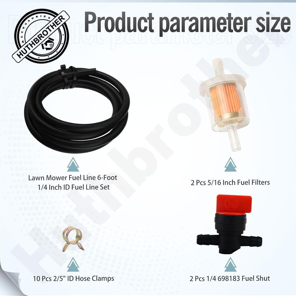 Lawn Mower Fuel Line 6-Foot 1/4 Inch ID Fuel Line Set + 2 Pcs 5/16 Inch Fuel Filters + 10 Pcs 2/5" ID Hose Clamps +2 Pcs 1/4 698183 Fuel Shut -by HuthBrother, for Kawasaki Kohler Mowers Engines