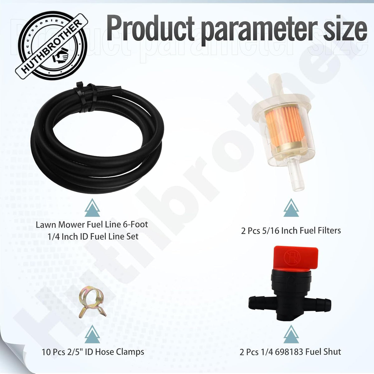 Lawn Mower Fuel Line 6-Foot 1/4 Inch ID Fuel Line Set + 2 Pcs 5/16 Inch Fuel Filters + 10 Pcs 2/5" ID Hose Clamps +2 Pcs 1/4 698183 Fuel Shut -by HuthBrother, for Kawasaki Kohler Mowers Engines