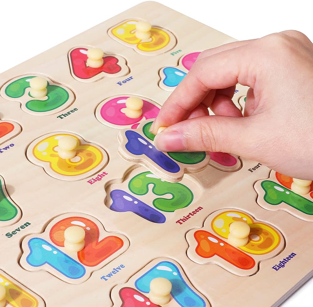 GRINNNIE Wooden Peg Puzzle for Toddlers, 6 Pack Toddler Puzzles Set for 3 4 5 Years Old (Alphabet Number Shape Animal
