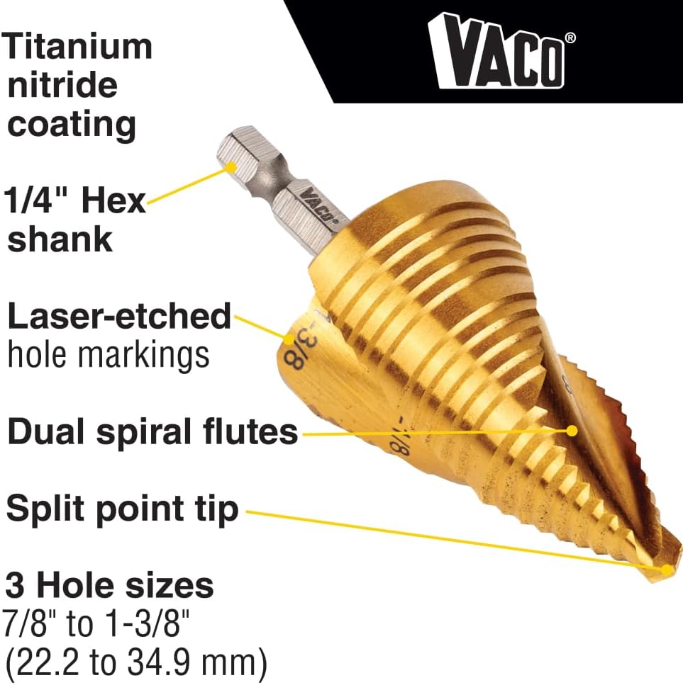 Klein Tools 25960 Step Drill Bit, 7/8 to 1-3/8-Inch, Spiral Double-Fluted, Cut Thin Metal, Plastic, Aluminum, Wood, 1/4-Inch Hex Shank, VACO