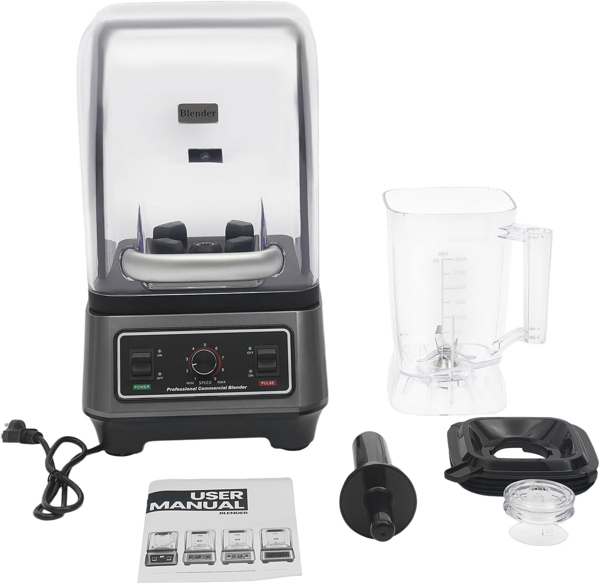 Commercial Blender, Quiet Blender with Soundproof Shield, Black for Kitchen