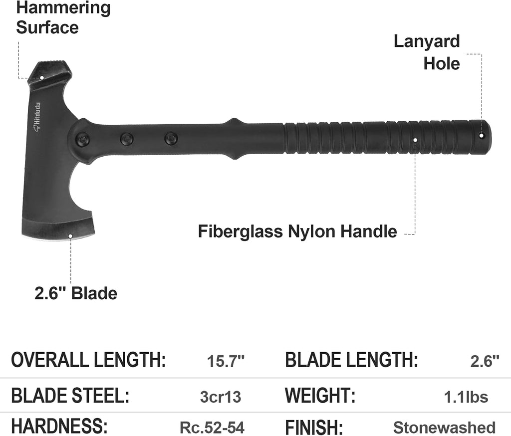 Camping Axe and Hatchet, 15.7" Tactical Tomahawk with Hammer Face, Nylon Fiber Handle for Outdoor Survival Hiking