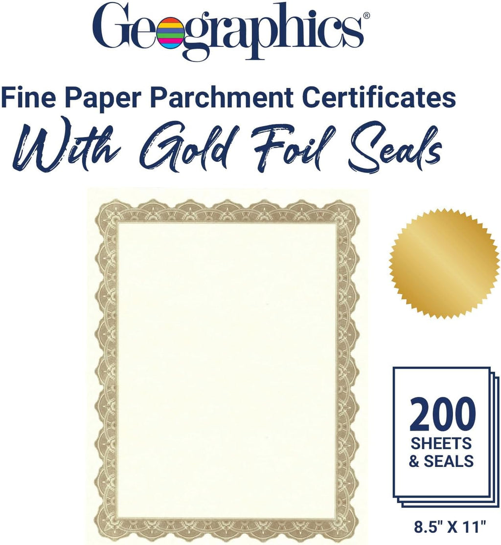 Optima Gold Blank Award Certificate Paper - Gold Foil Seals, Pack of 200-8.5 x 11