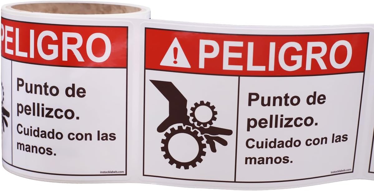 Spanish Pinch Points Danger Labels, OSHA Safety Labels, 3.5 x 5 Inch, 25 Labels Per Roll, Essential for Warehouse