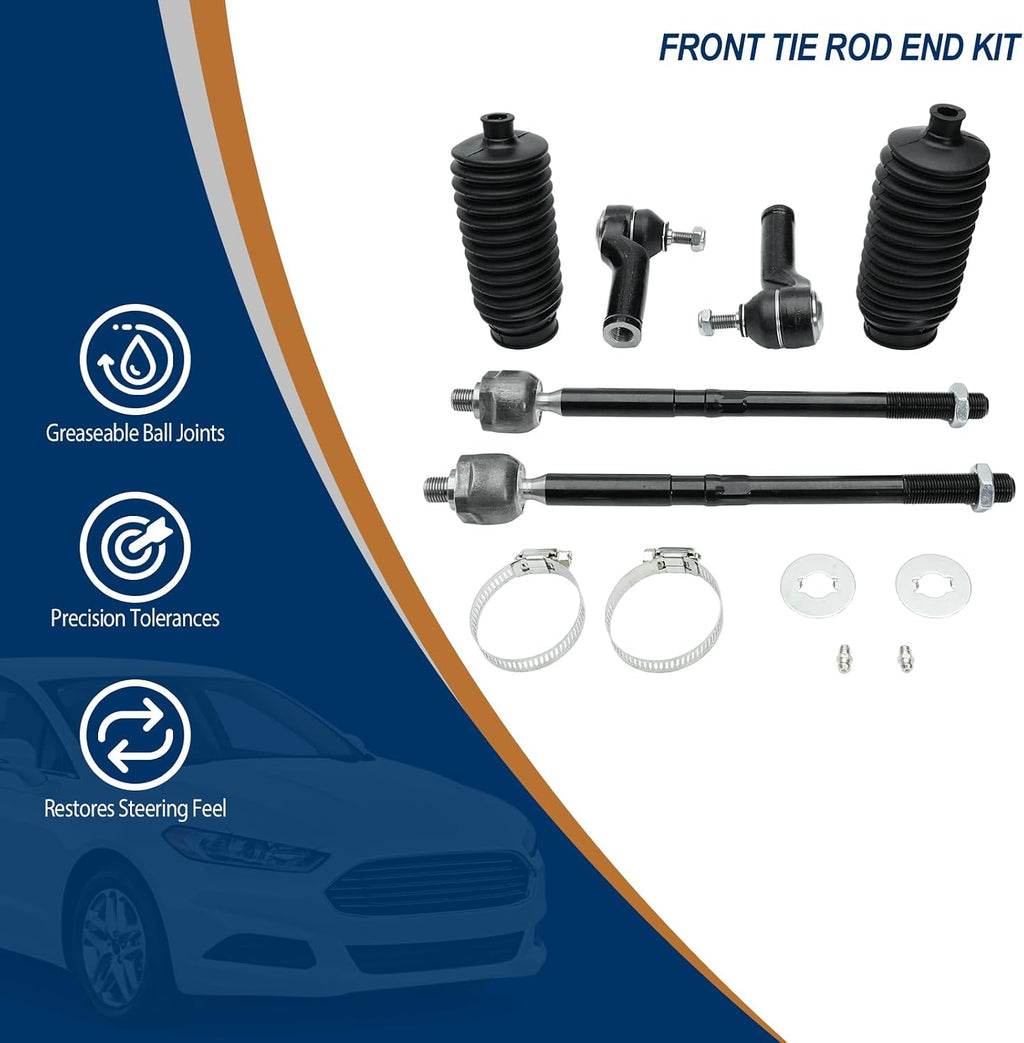 6PCS Front Tie Rod End Kit Inner & Outer fits for Ford Focus 2012-2018, Escape 2013-2019, C-Max 2013-2018, Transit Connect 2014-2018, 4 Tie Rods 2 Boots OE ES800954 ES800955 EV800898 K100184