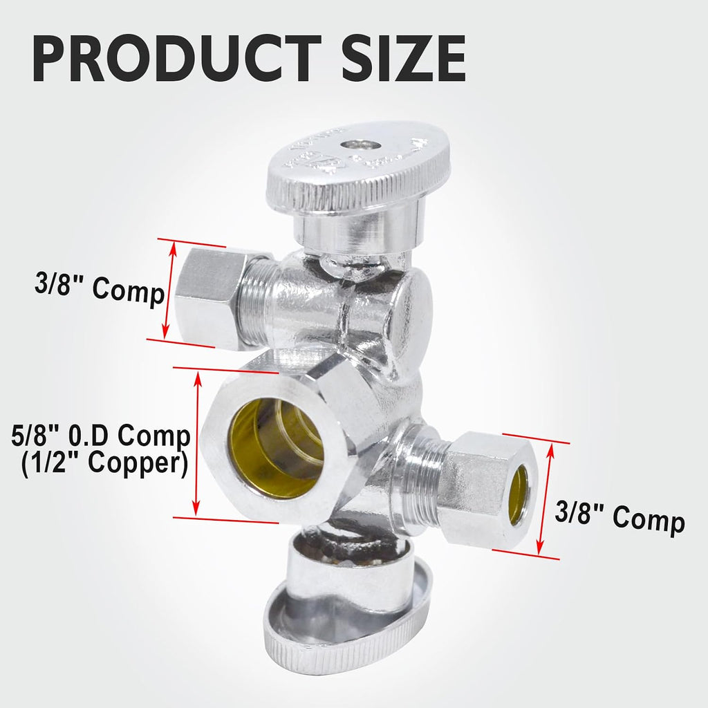 TTFLEX Dual Shut Off Valve 1/2" NOM x 3/8" COMP x 3/8" COMP, Quarter Turn | Double Shut Off Valve Kitchen Sink, Water