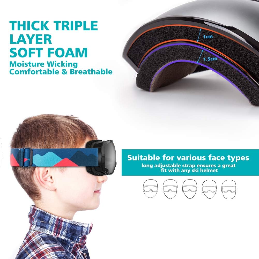 Kids Ski Goggles Anti-Fog OTG Snow Goggles for Winter Sports | Multi-Layer Foam, Impact Lens, Lightweight Frame