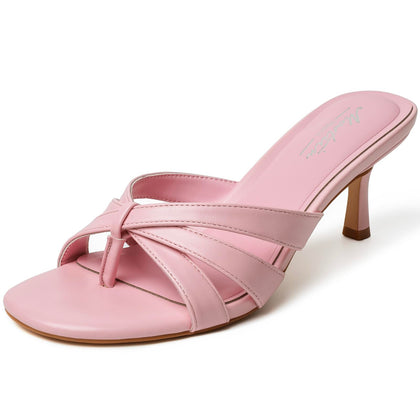 Pink Strappy Kitten Heels for Women Round Open Toe Flip Flops Slip On Mules Heels Fashion Thong Heeled Sandals for