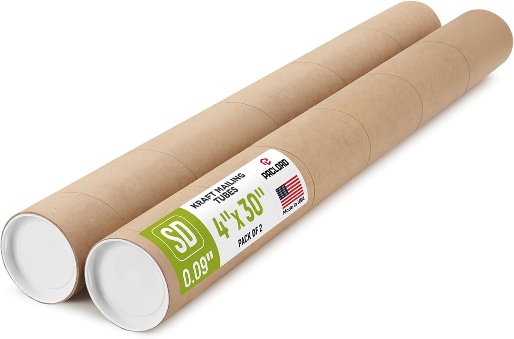 4" x 30" Made in USA Kraft Paper Mailing Tube, 2 Tubes, 4 Caps