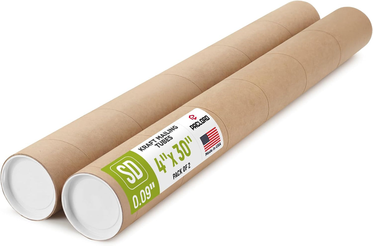 4" x 30" Made in USA Kraft Paper Mailing Tube, 2 Tubes, 4 Caps