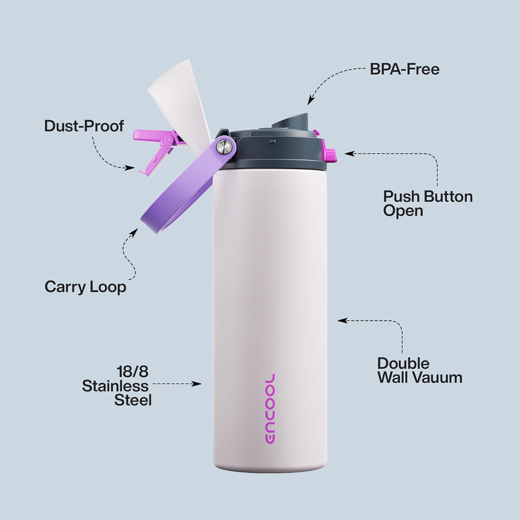 Insulated Water Bottle with Straw - Encool Stainless Steel Water Bottle with Push Button Lid, Leak-Proof & BPA-Free